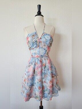 Floral Halter Summer Dress in Pastel Blue & Pink